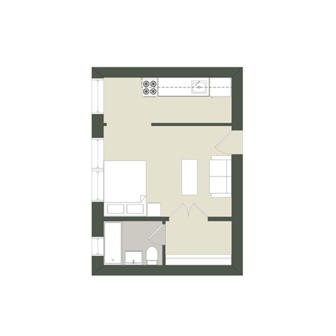 Floor plan for studio, 1 bath, 383 sqft